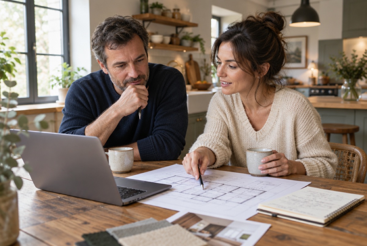 Couple préparant son projet de rénovation à la table de la cuisine