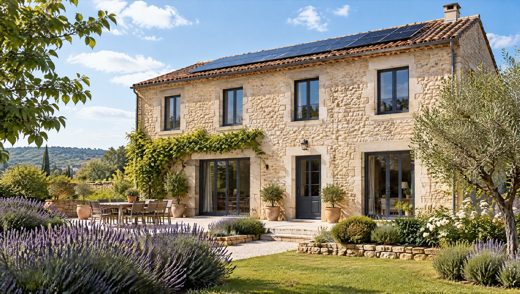 Maison en pierre rénovée avec fenêtres neuves et panneaux solaires