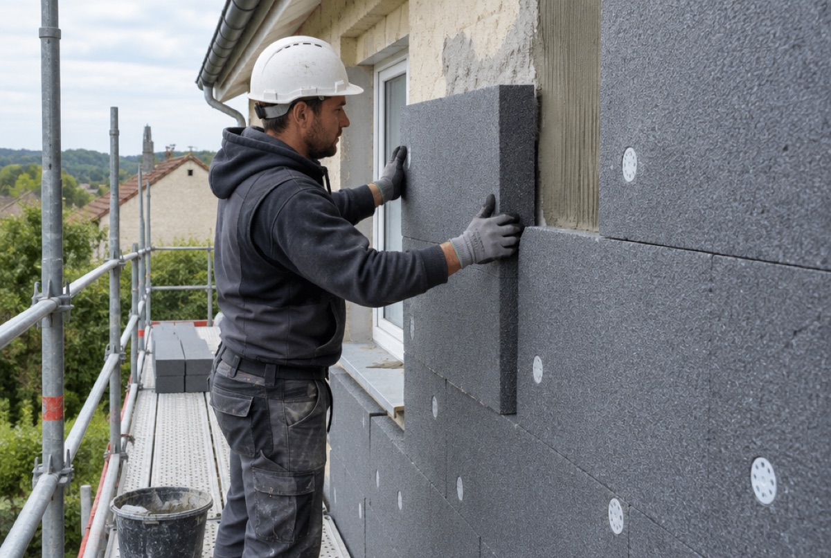 Ouvrier posant des panneaux isolants sur une façade